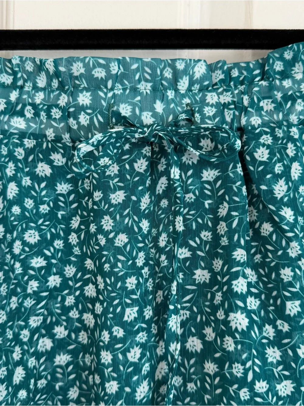 Floral Tiered Ruffle Skort Teal White Boho Cottagecore Elastic Waist S